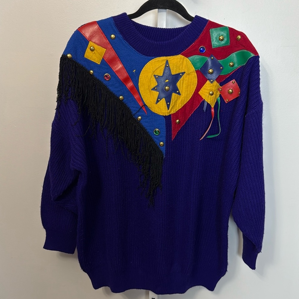 Vintage Y2K Hosanna Knit Sweater Patchwork Fringe Acrylic Purple Women Size L